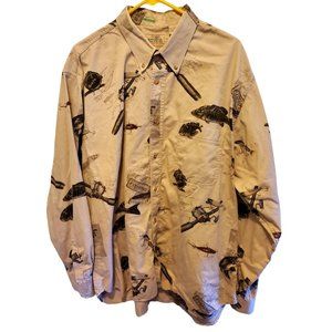 Red Head Men fishing shirt buttoned  khaki 2XL long sleeve excellent fish print